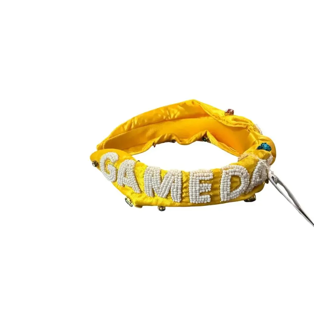 Embellished Yellow Headband with Game Day and colorful stones.